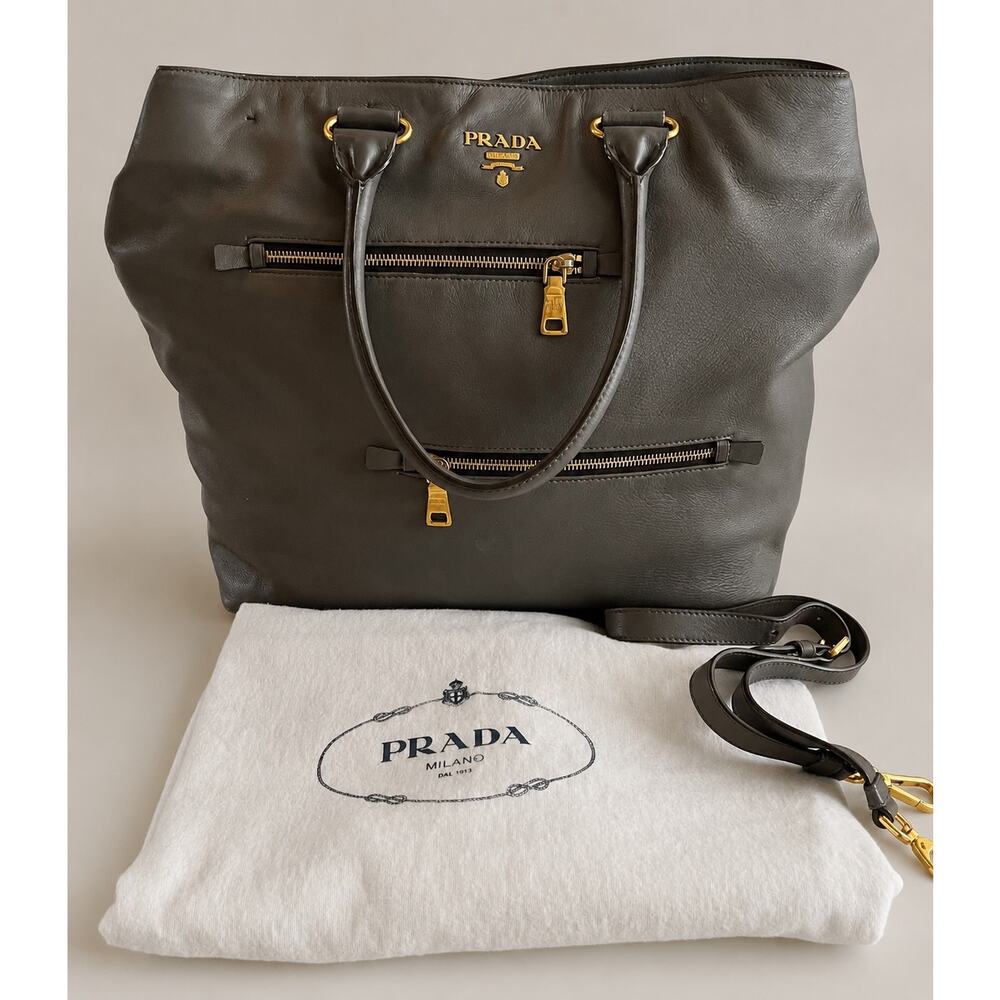 Authentic Prada Calfskin Leather Tote Bambu Grey Large Luxury Travel & Work Bag